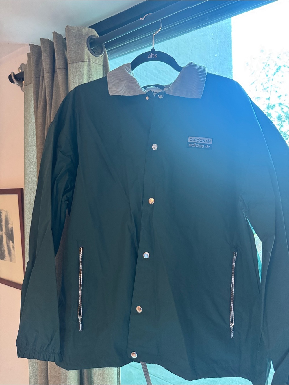 adidas Dark Green bomber / raincoat  Jacket with Light Gray Corduroy Collar